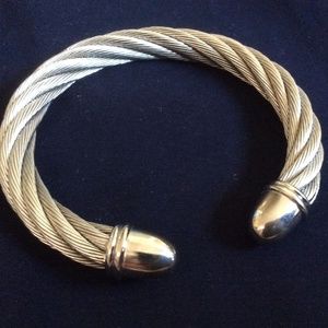 Silver colored metal cable wire twist ball bead ends cuff bracelet